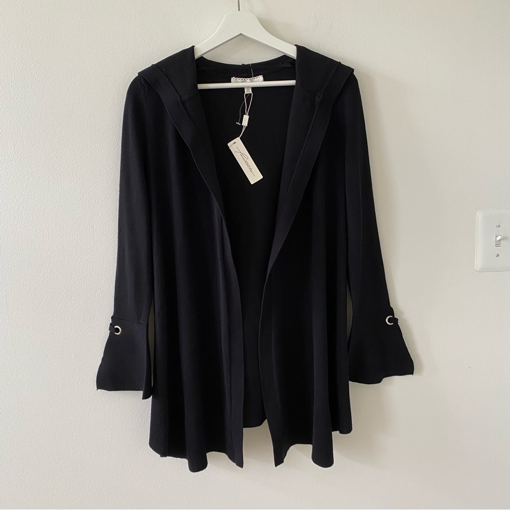 Pointelle Women’s Sweater Cardigan Casual Hoodie Open Front Black